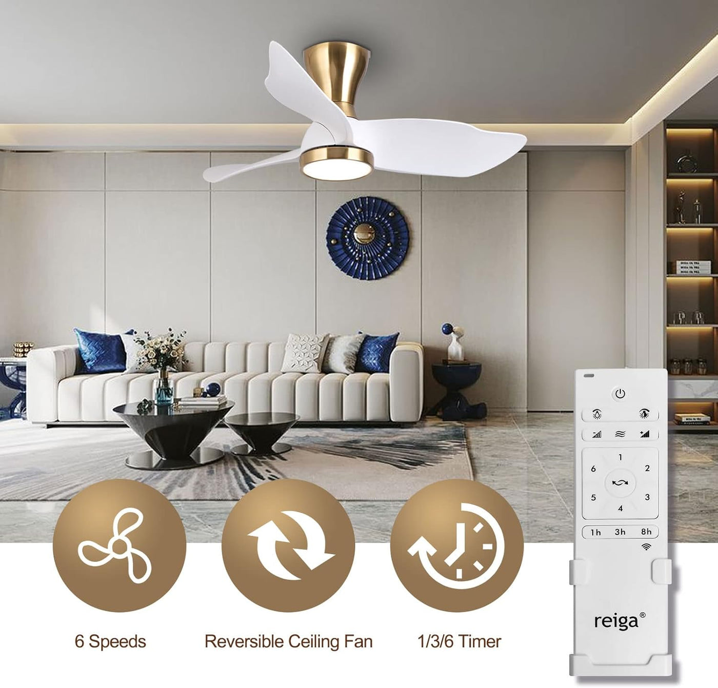 Reiga 91cm Flush Mount DC Ceiling Fan with Dimmable Light & Remote, Modern Style