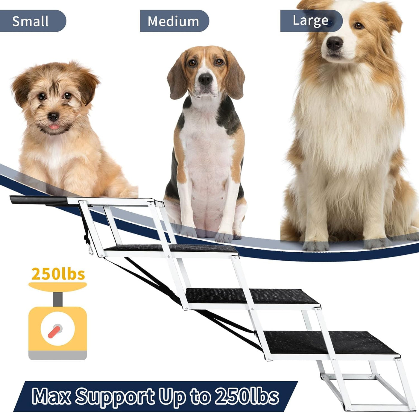 Extra Wide Foldable Dog Car 4 Steps, Non-Slip Ramp for Large Dogs up to 250lbs