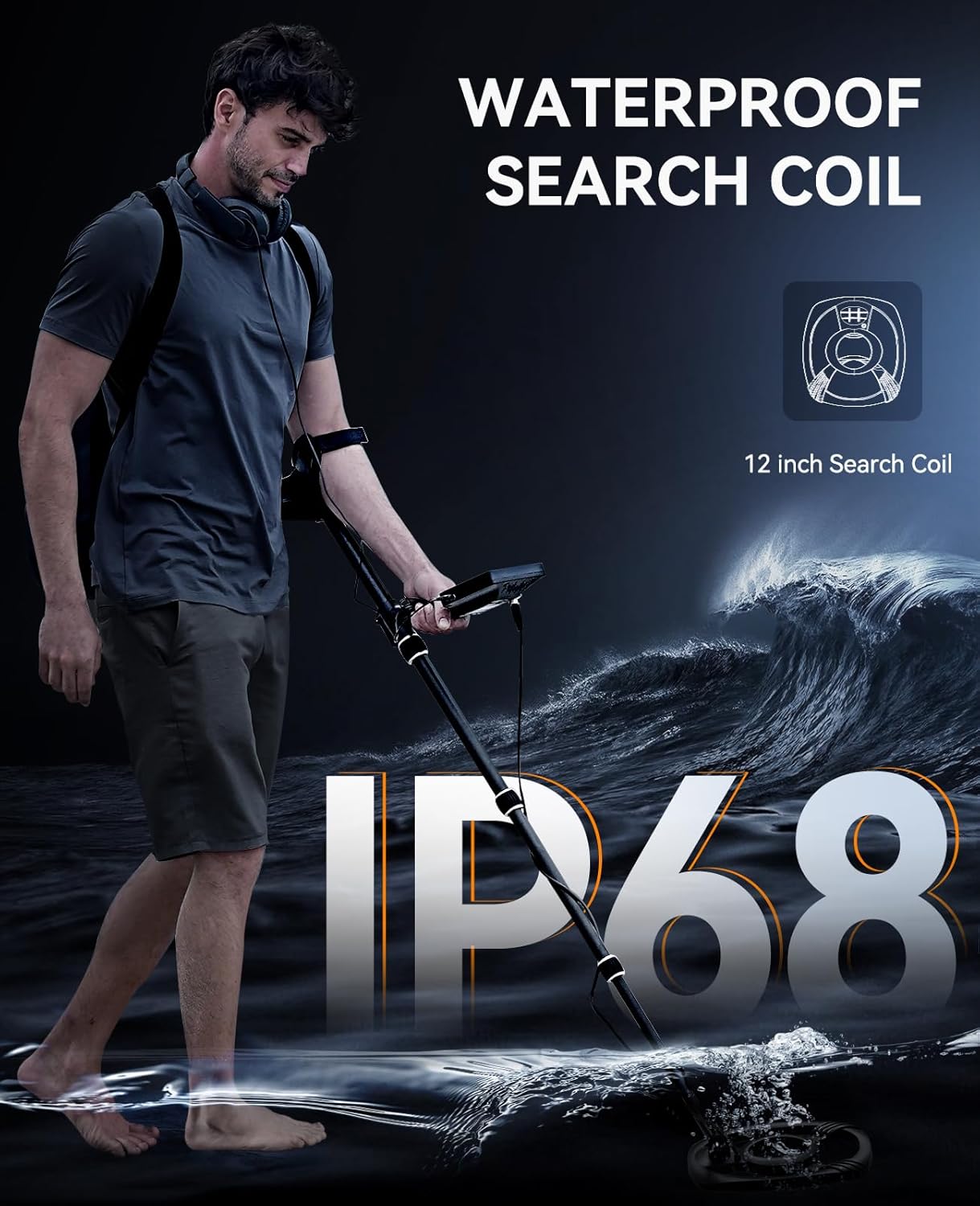 Man holding a waterproof search coil with ocean wave and 'IP68' text in the background