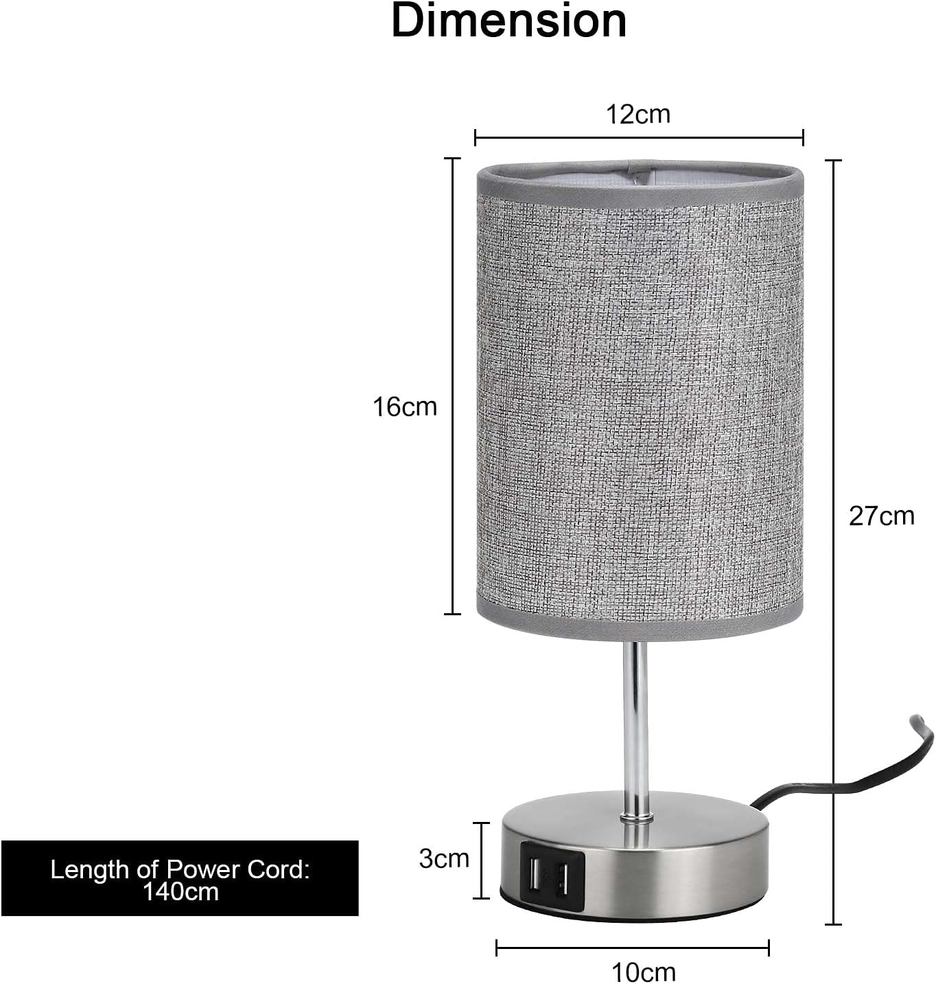 Gray table lamp with dimensions and power cord length on a white background