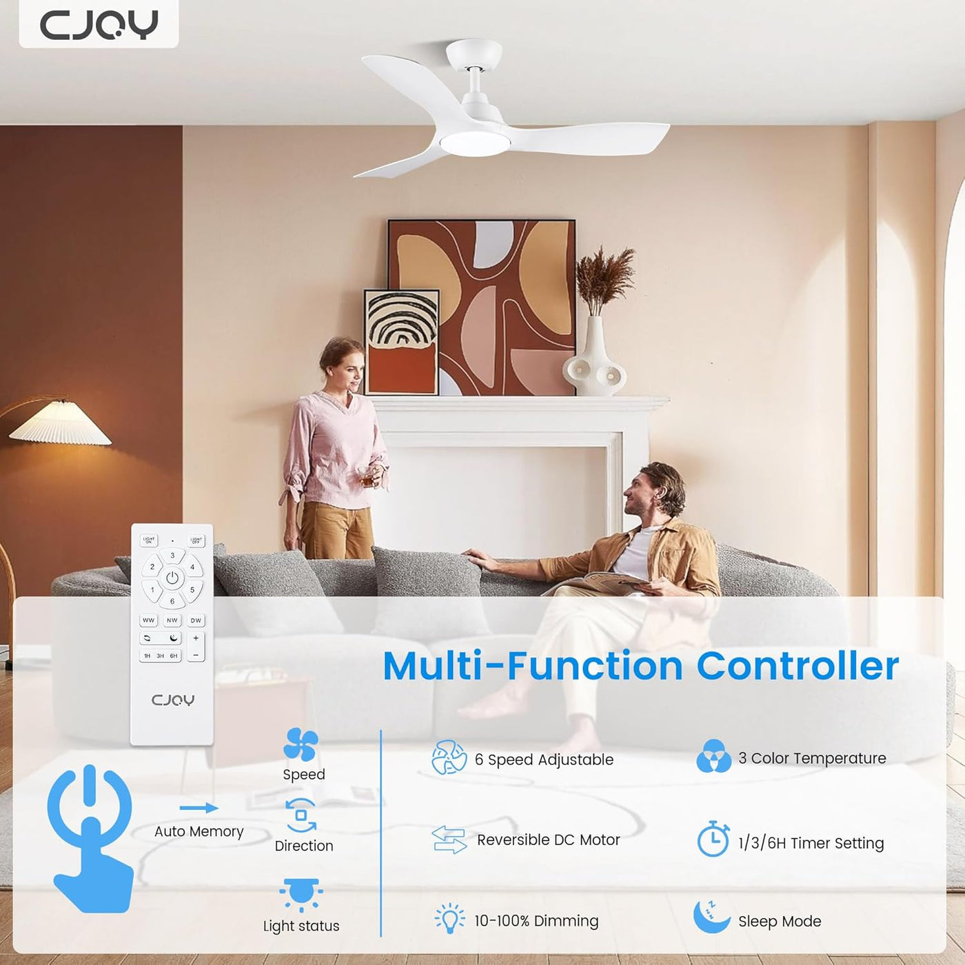 CJOY 42" White Ceiling Fan with Light, Remote, Timer, Quiet DC Motor, 6 Speeds