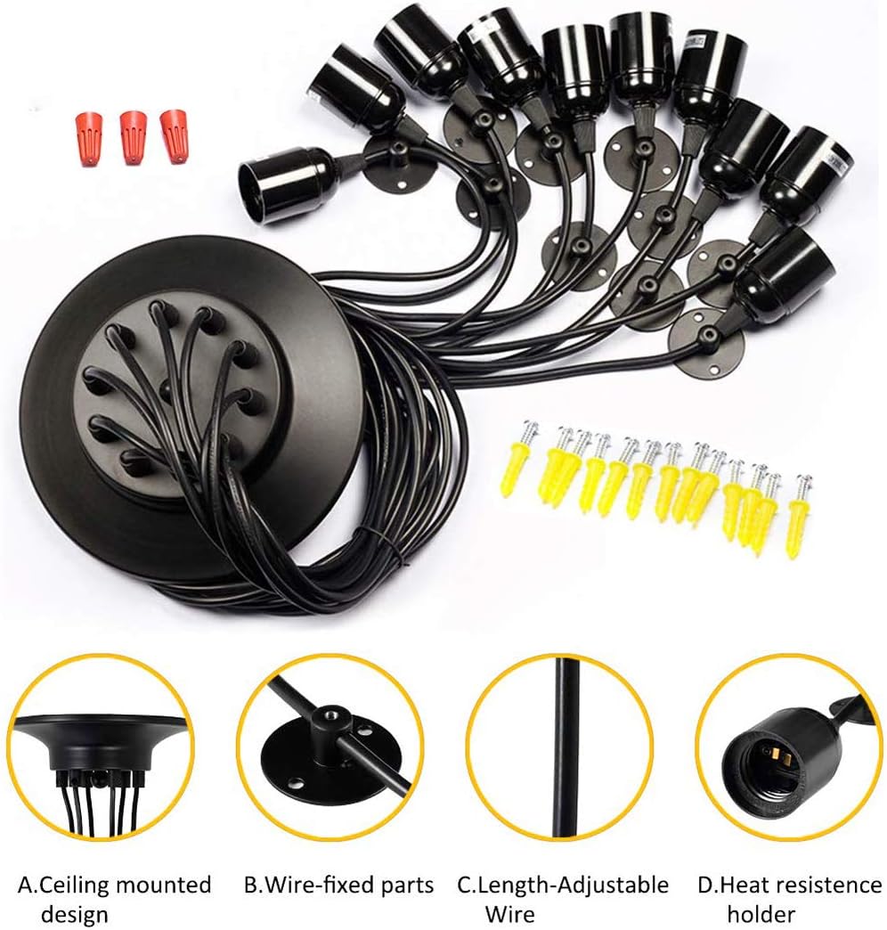 Ceiling light fixture components including black ceiling mount, wire-fixed parts, adjustable wire, and heat resistance holder on a white background.