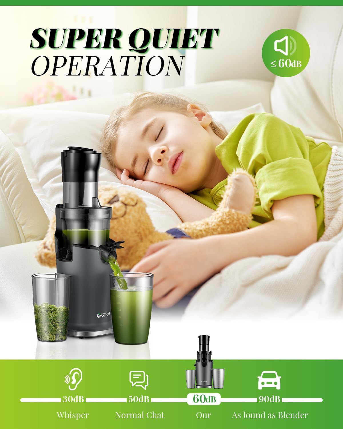 Blender with a child sleeping in the background, emphasizing super quiet operation.