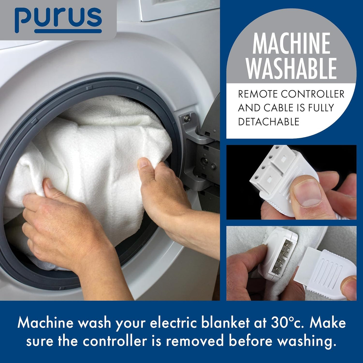 Electric blanket being machine washed with instructions on how to remove the controller.