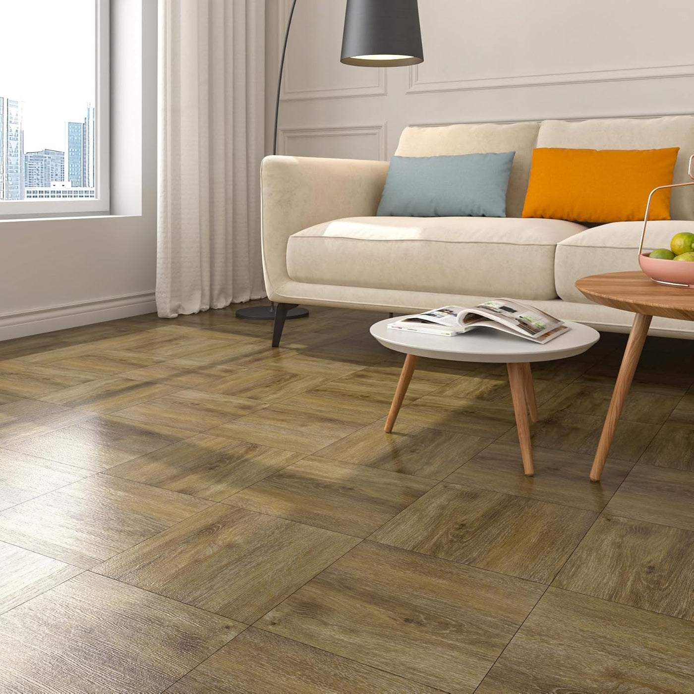 Living room with wooden flooring, beige sofa, and coffee table.