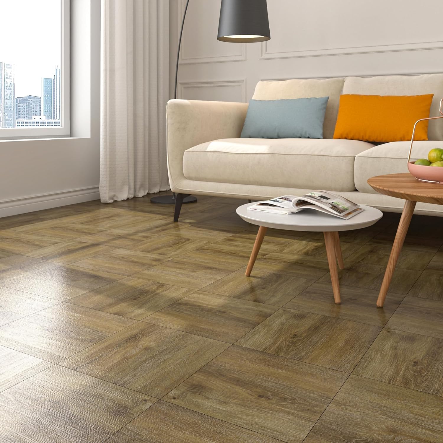 Living room with wooden flooring, beige sofa, and coffee table.