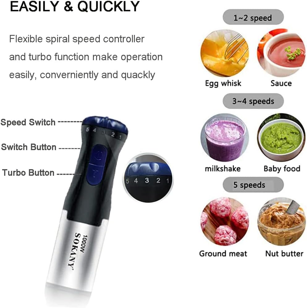 Hand Blender Food Processor 4 in 1 1000W Chopper Jug Turbo SOKANY