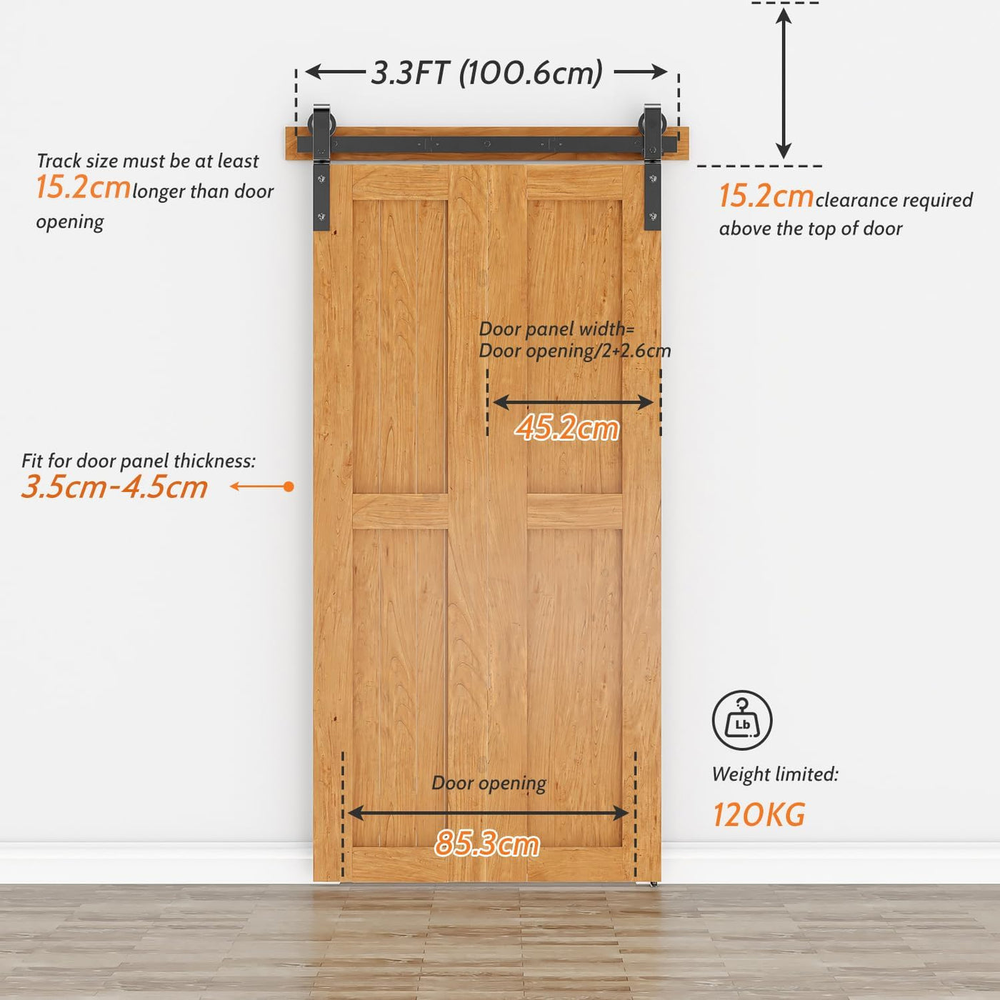 Wooden sliding door with measurement details on a white background