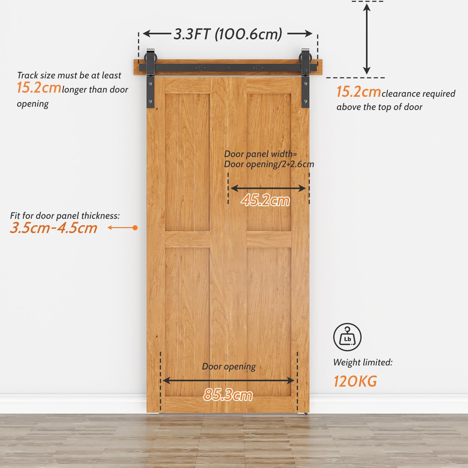 Wooden sliding door with measurement details on a white background