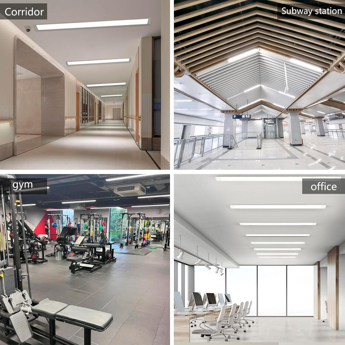Collage of different indoor environments including a corridor, subway station, gym, and office.