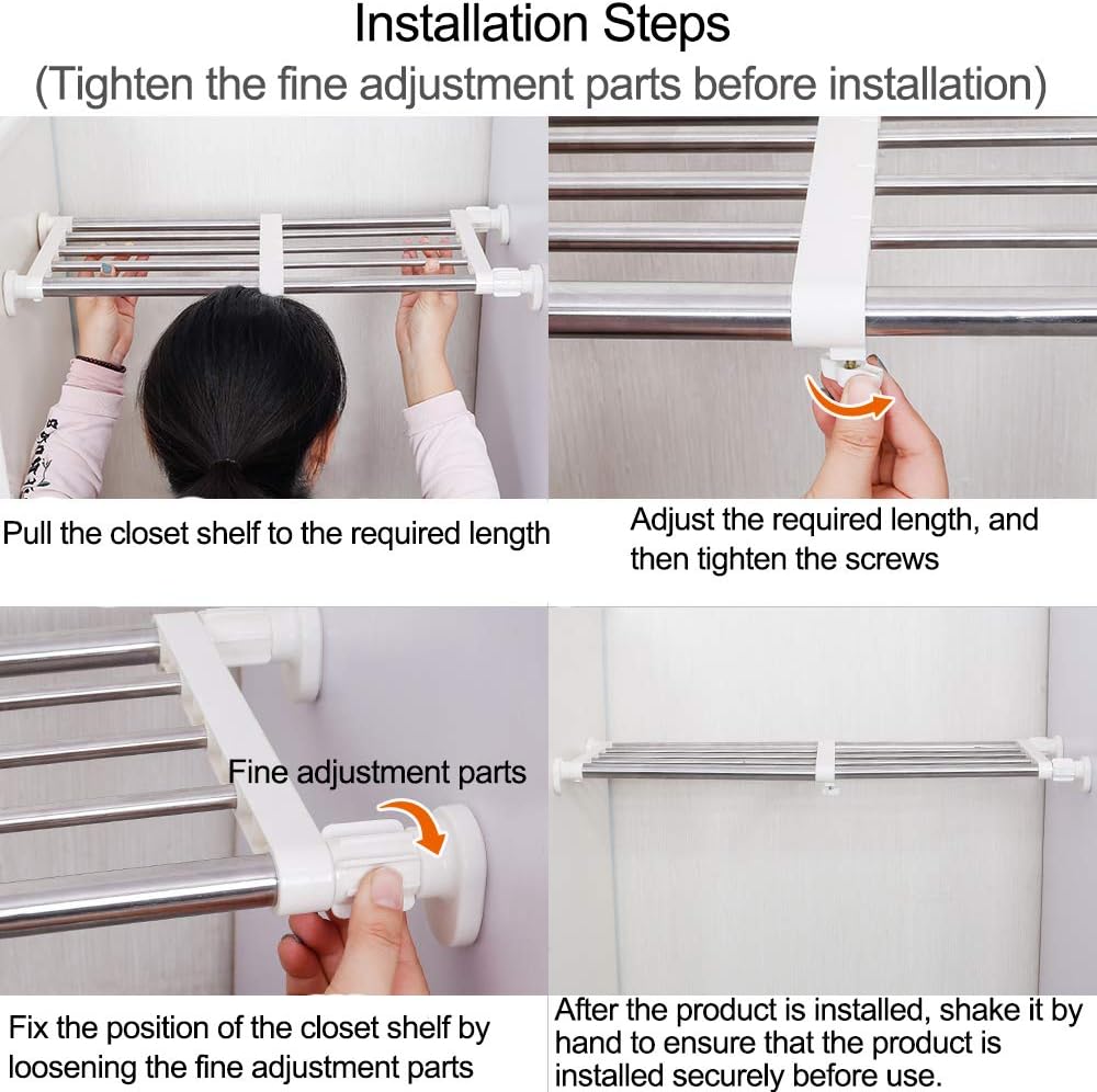 Step-by-step installation guide for a closet shelf with text instructions.