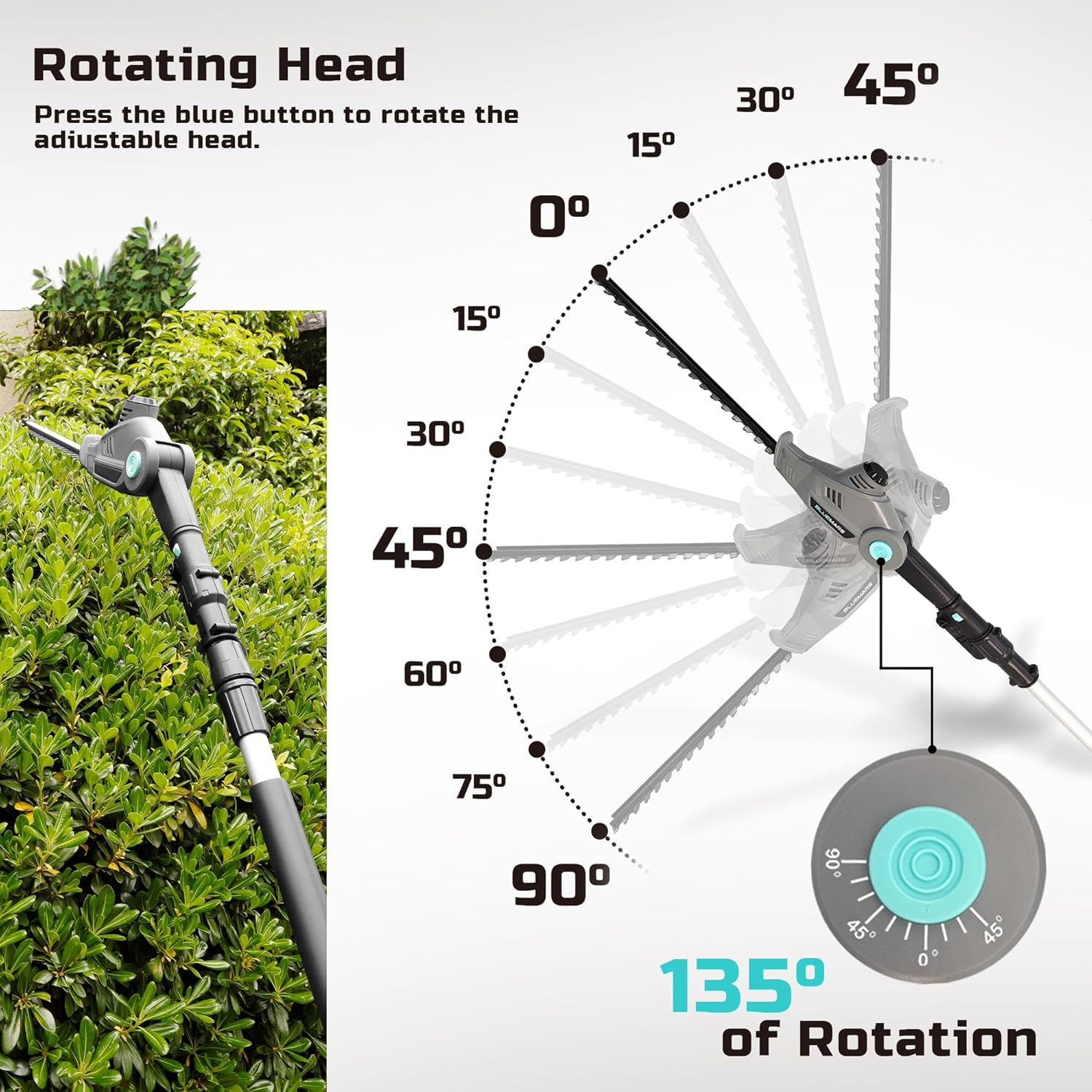 Gardening tool with adjustable head showing rotation angles on a white background