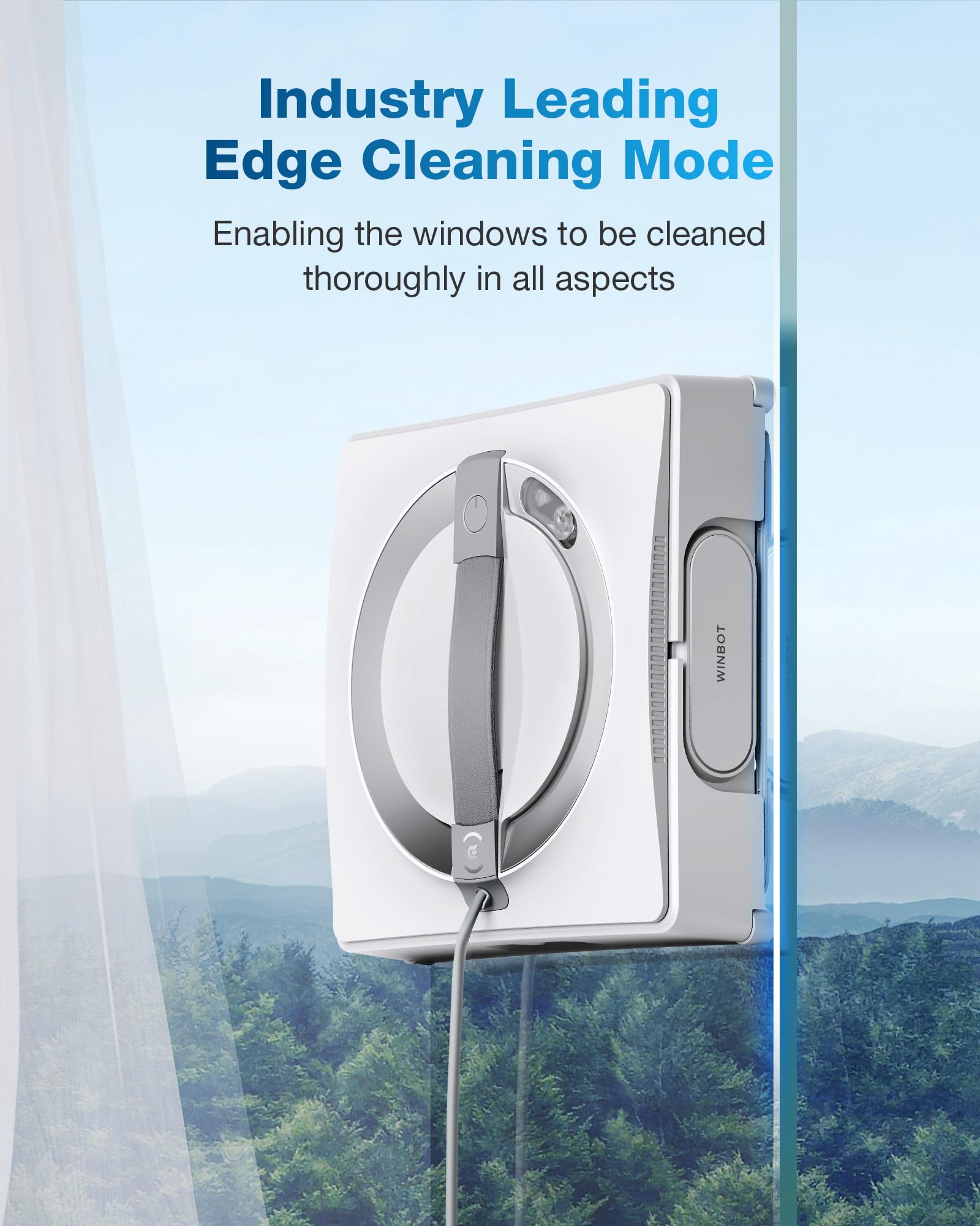 Window cleaning robot with text about edge cleaning mode on a blurred window background