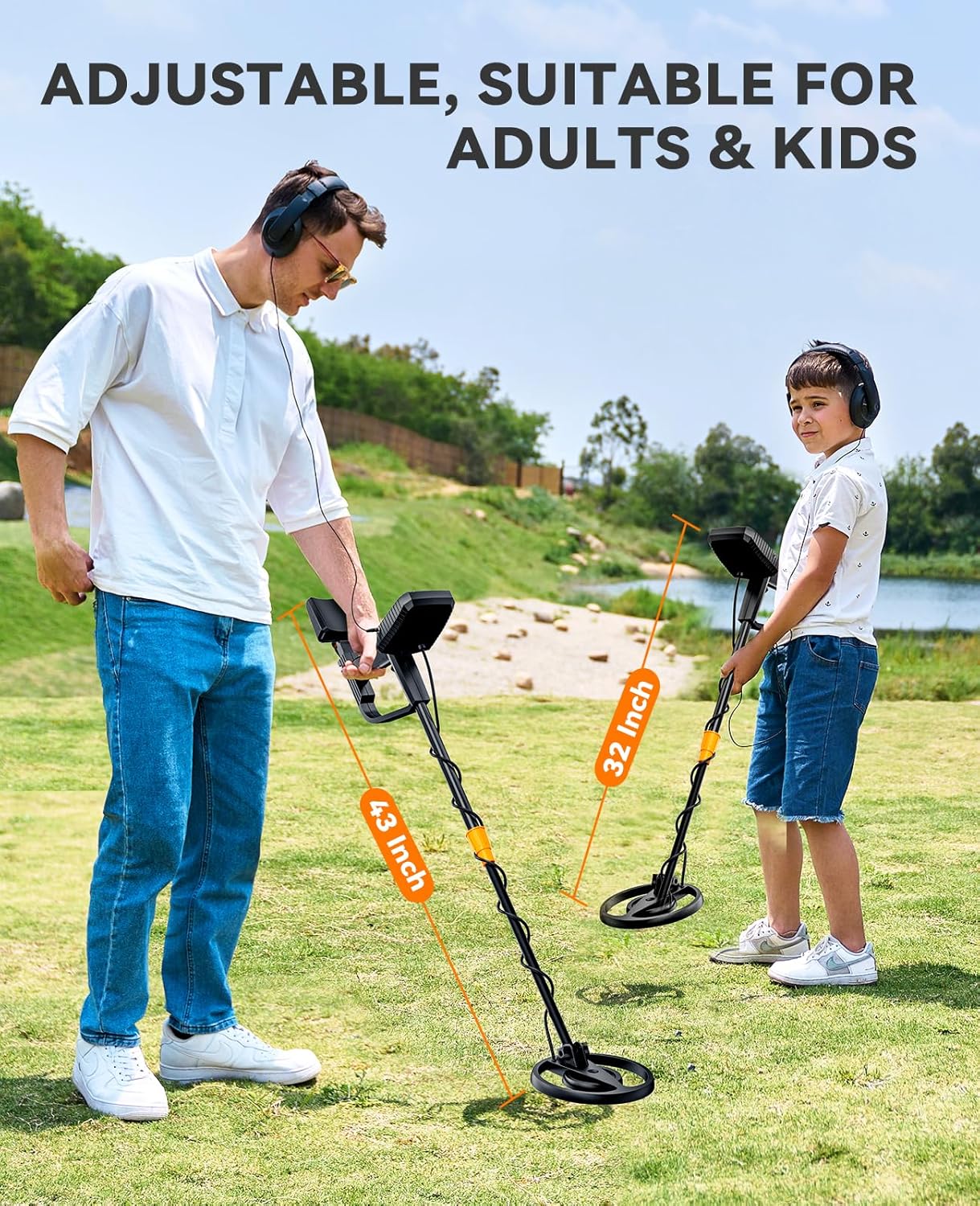 Man and child using metal detectors outdoors with text indicating adjustable size for adults and kids.