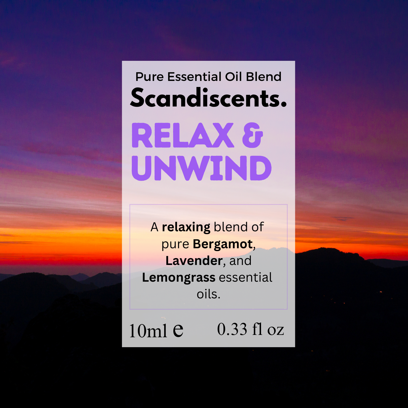 Scandiscents essential oil blend packaging with a sunset background