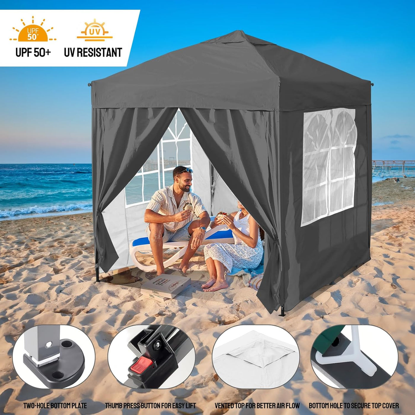 Black pop-up canopy tent on a beach with people using it, featuring UPF 50+ and UV resistance labels.
