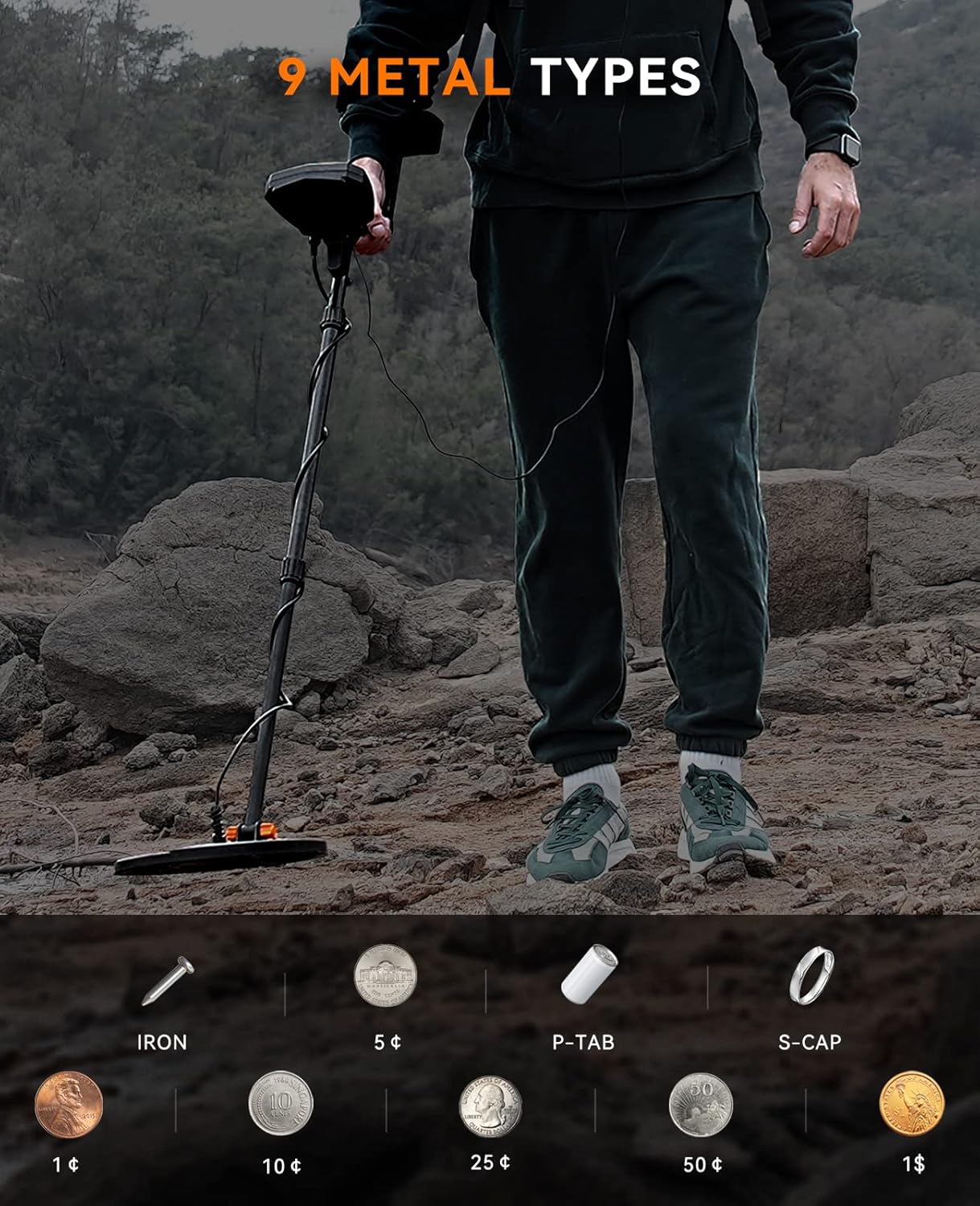 Person holding a metal detector with a rocky landscape background