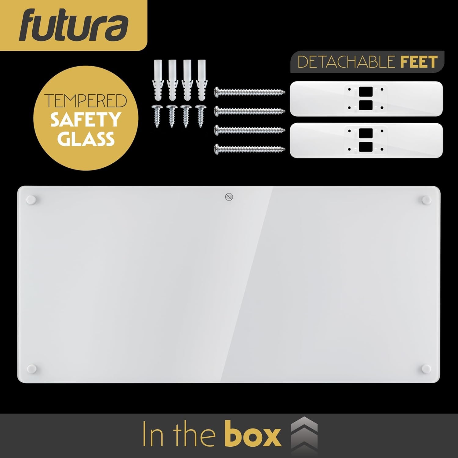 White tempered safety glass panel with screws and detachable feet on a black background, featuring the futura brand.