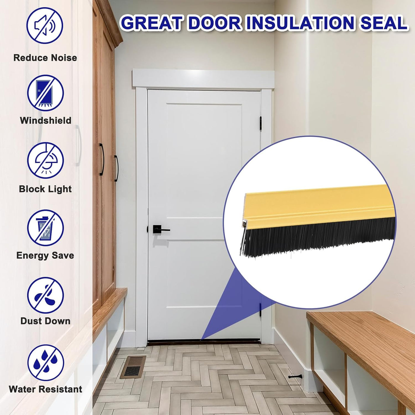 Door insulation seal with features listed above a white door in a hallway.