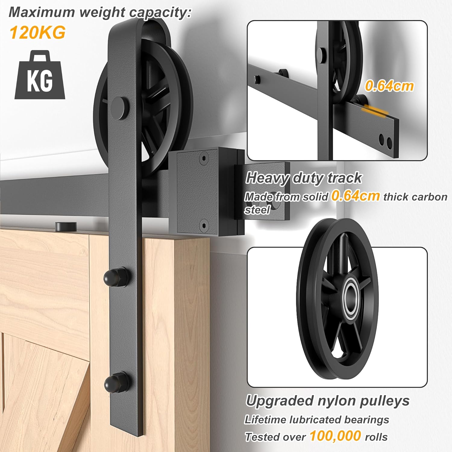Heavy-duty sliding door track system with wheels and specifications on a white background