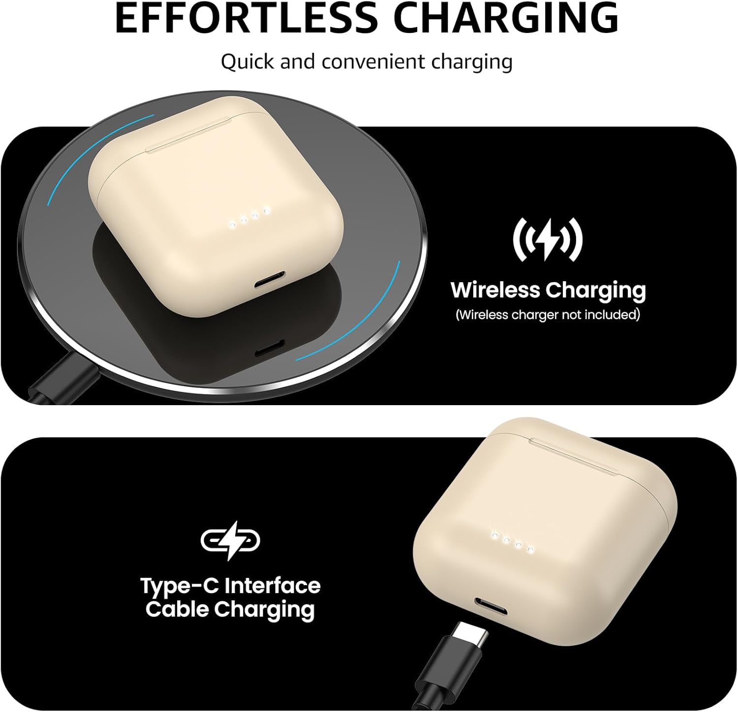 Beige wireless earbuds with charging options on a black background