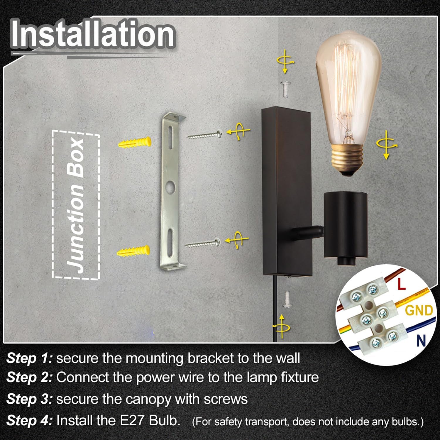 Step-by-step guide on installing a wall-mounted light fixture with junction box and screw illustration.