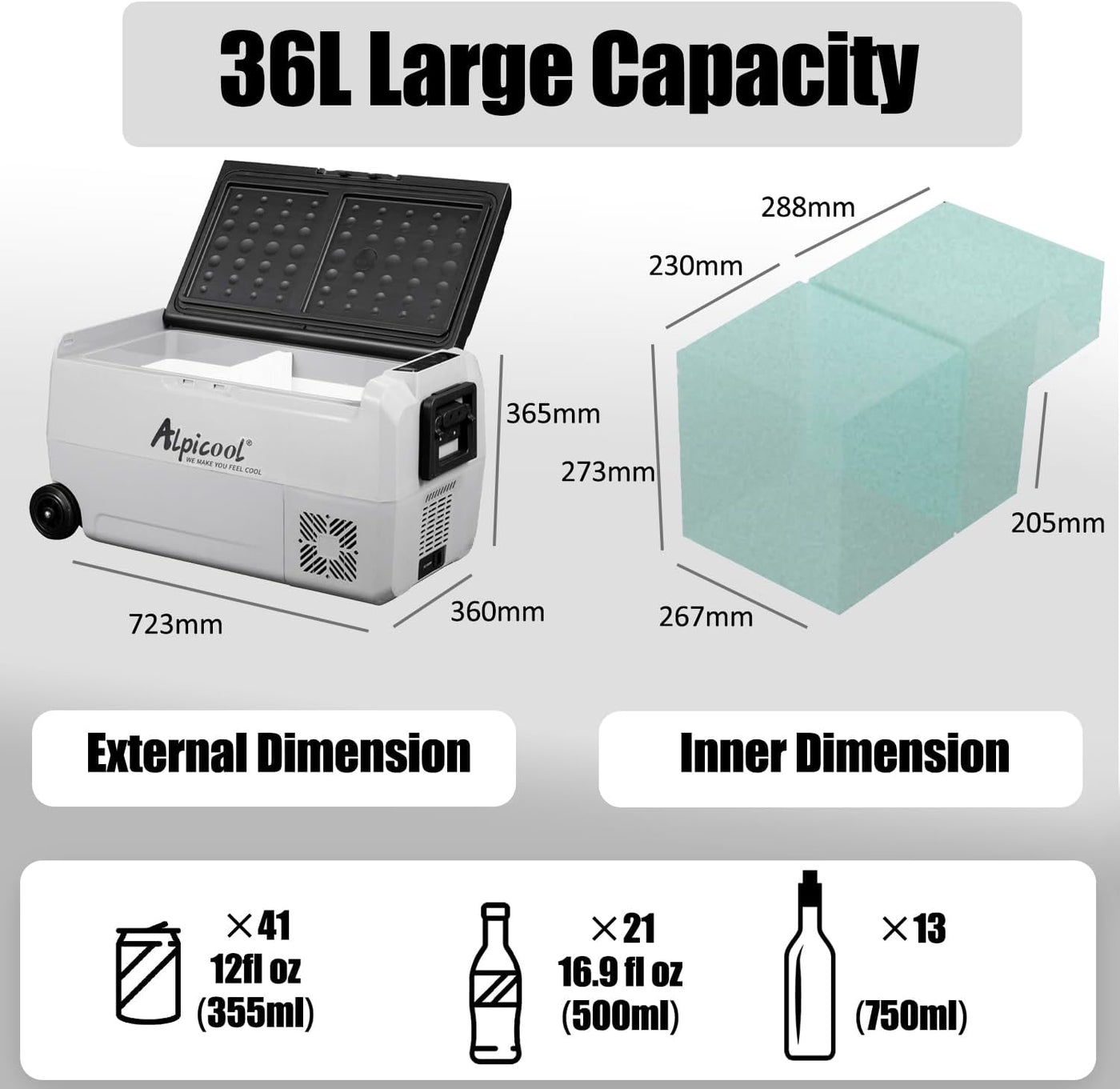 Alpicool T36 36L Car Fridge Freezer - Portable 12/24V Electric Cooler for Camping