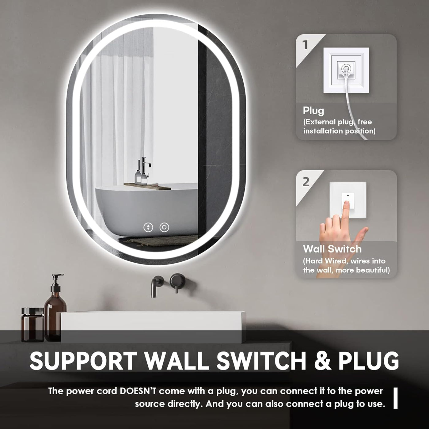 Oval LED Bathroom Mirror 50 x 70cm Backlit Dimmable Anti Fog Wall Mounted Dripex