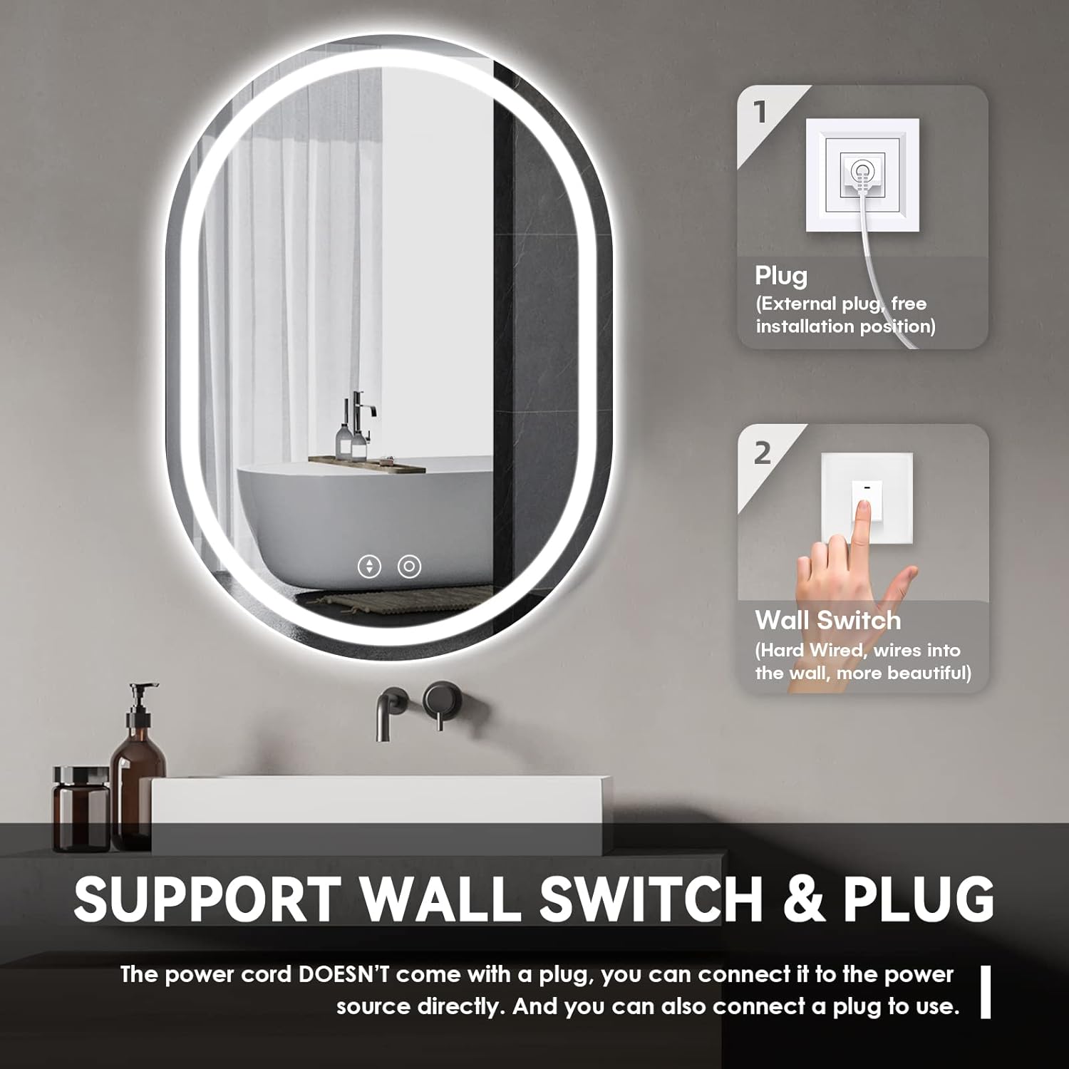 Oval LED Bathroom Mirror 50 x 70cm Backlit Dimmable Anti Fog Wall Mounted Dripex