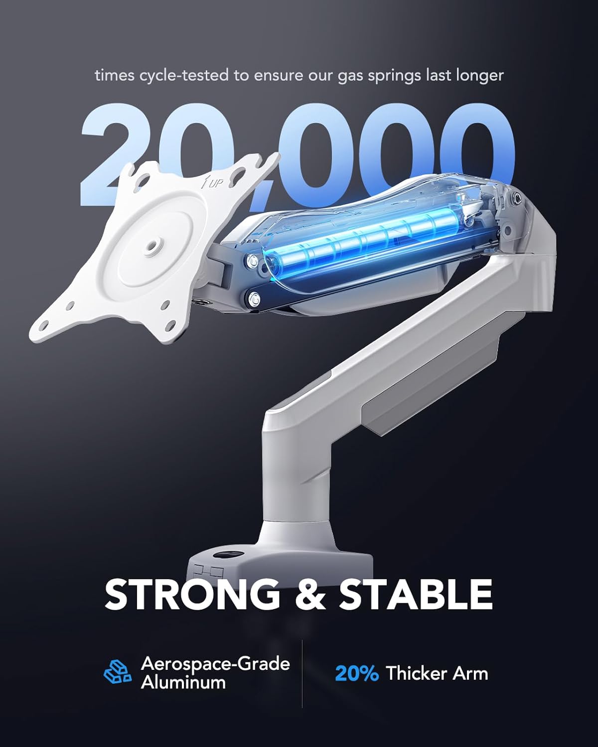 Desk arm with gas spring mechanism on a dark background, highlighting durability and strength.