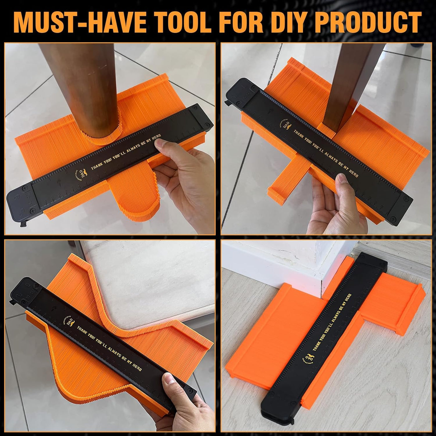 Orange tool with black handle used for DIY projects on a tiled floor.