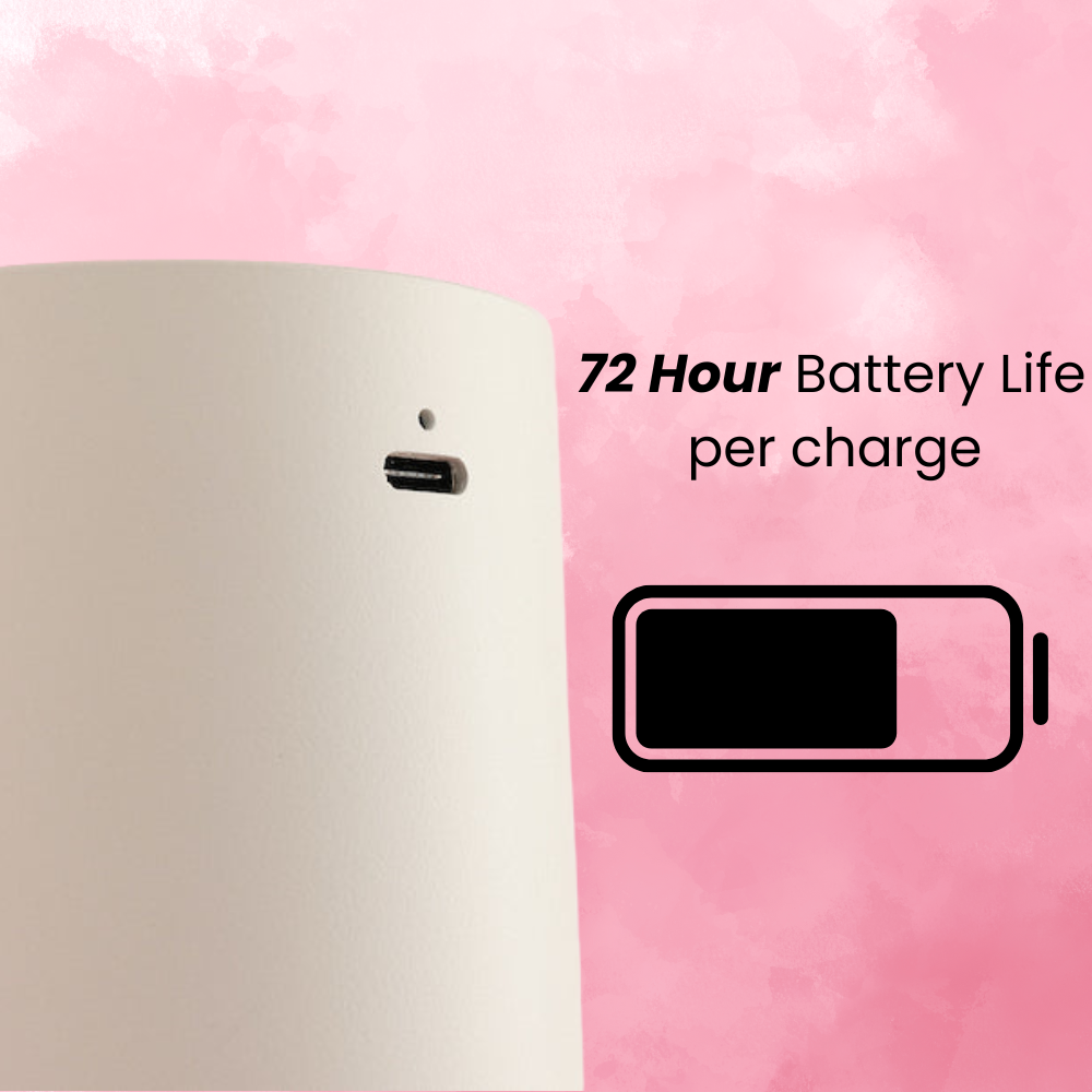 Product with a USB port on a pink background, featuring text about battery life.