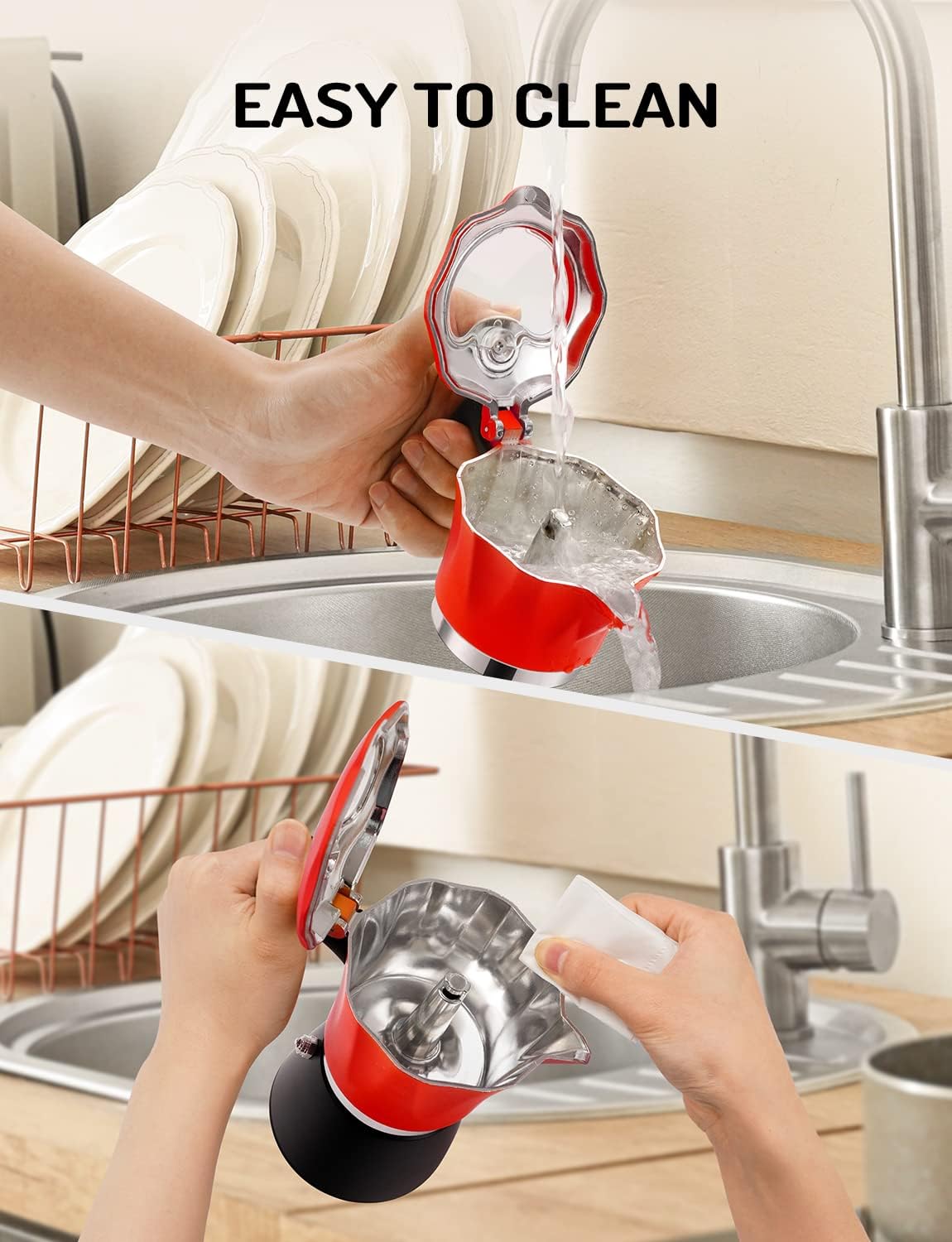 Stovetop Coffee Maker Italian Espresso Moka Pot Transparent Lid Red TWOMEOW