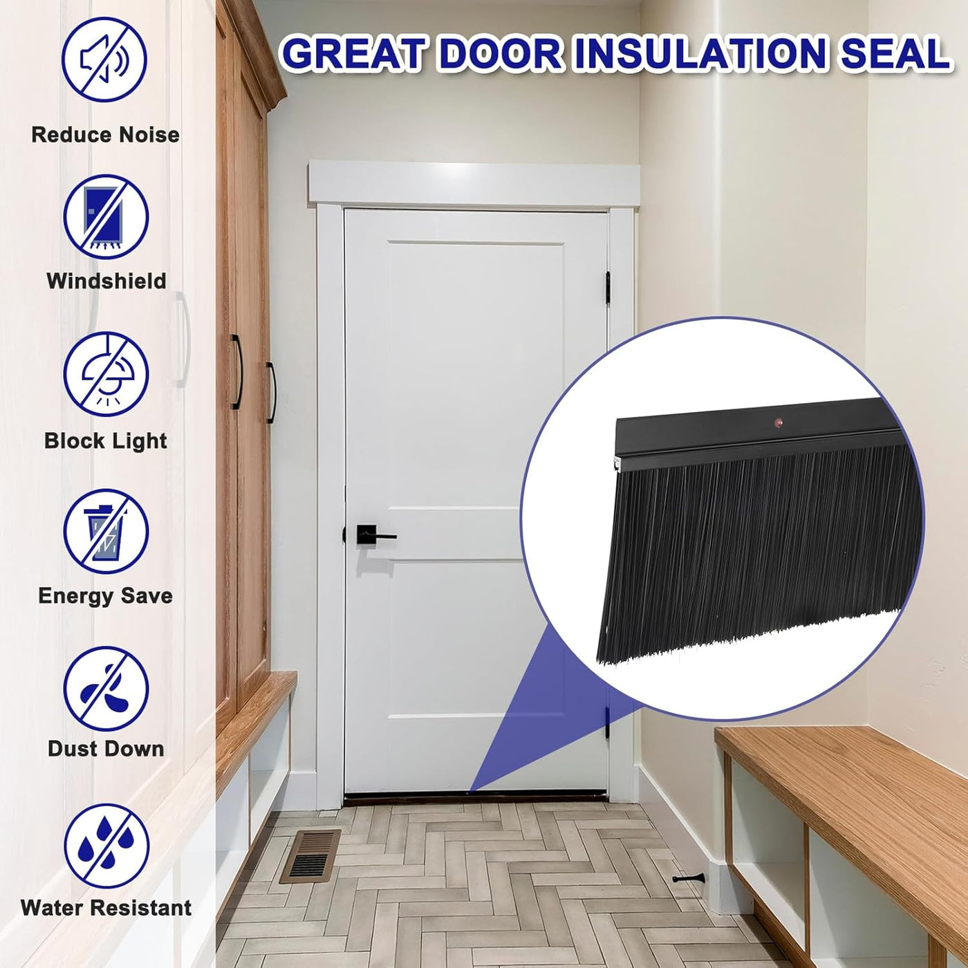 Door insulation seal with features listed above a white door in a hallway.