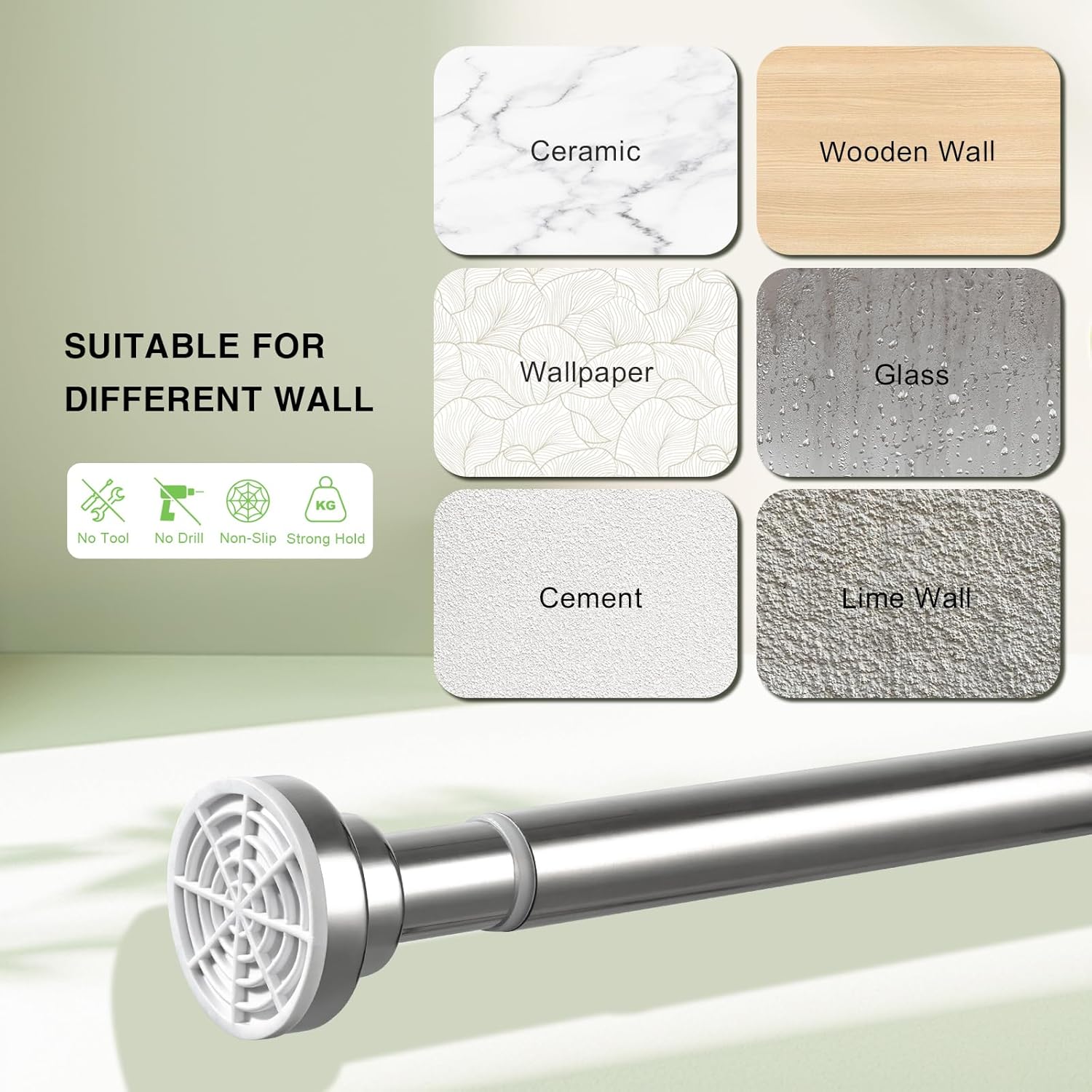 Curtain rod with compatibility chart for different wall types on a light green background