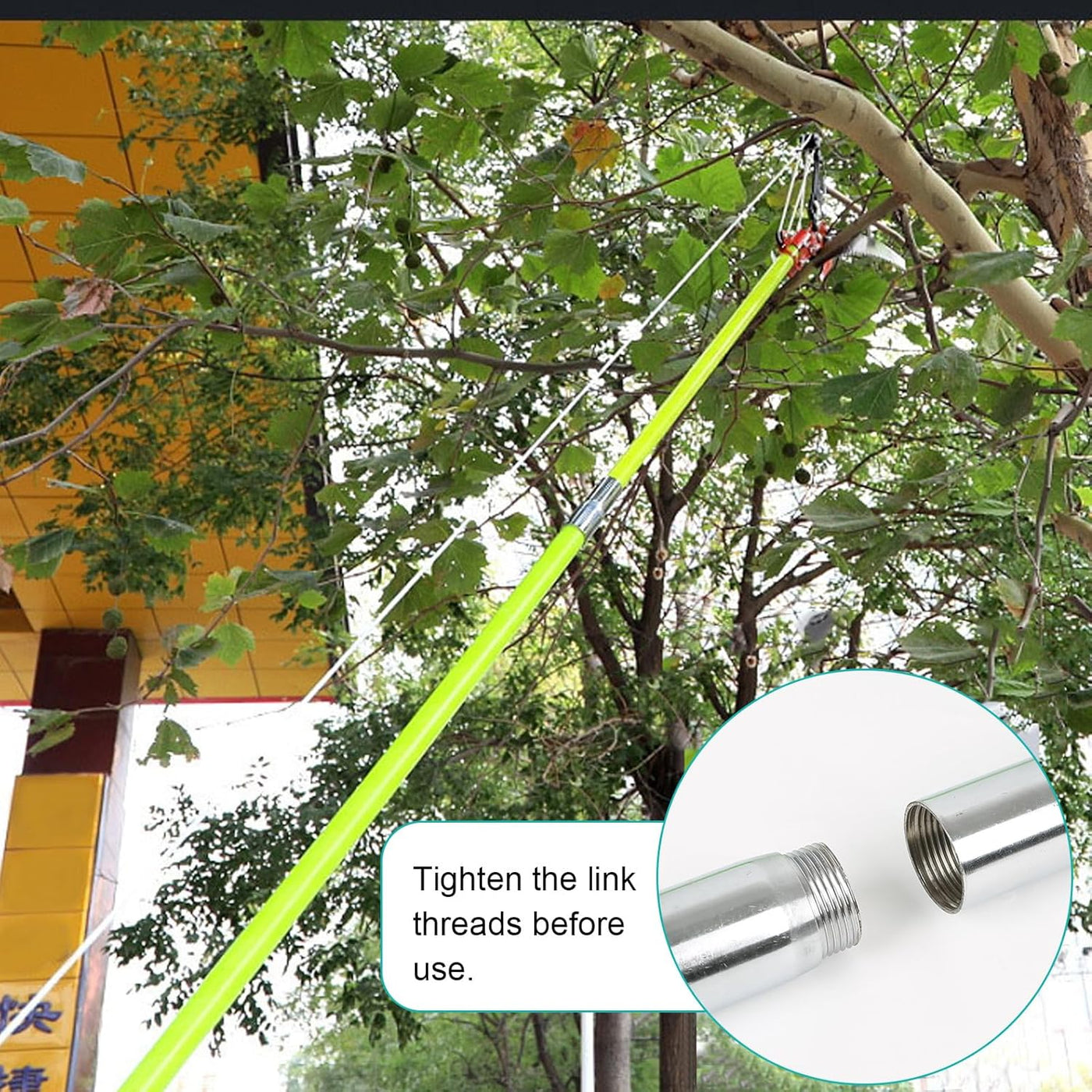 Tree pruner with a close-up of a threaded connection, used outdoors.