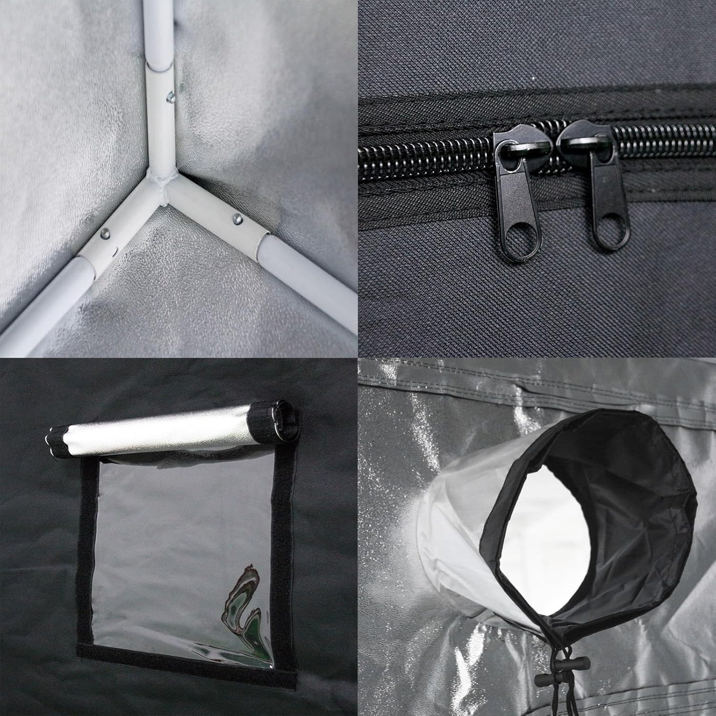 Collage of a gray tent with various components including a zipper, reflective surface, and reflective pouch.