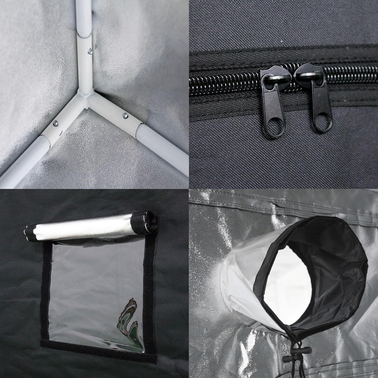 Collage of a gray tent with various components including a zipper, reflective surface, and reflective pouch.
