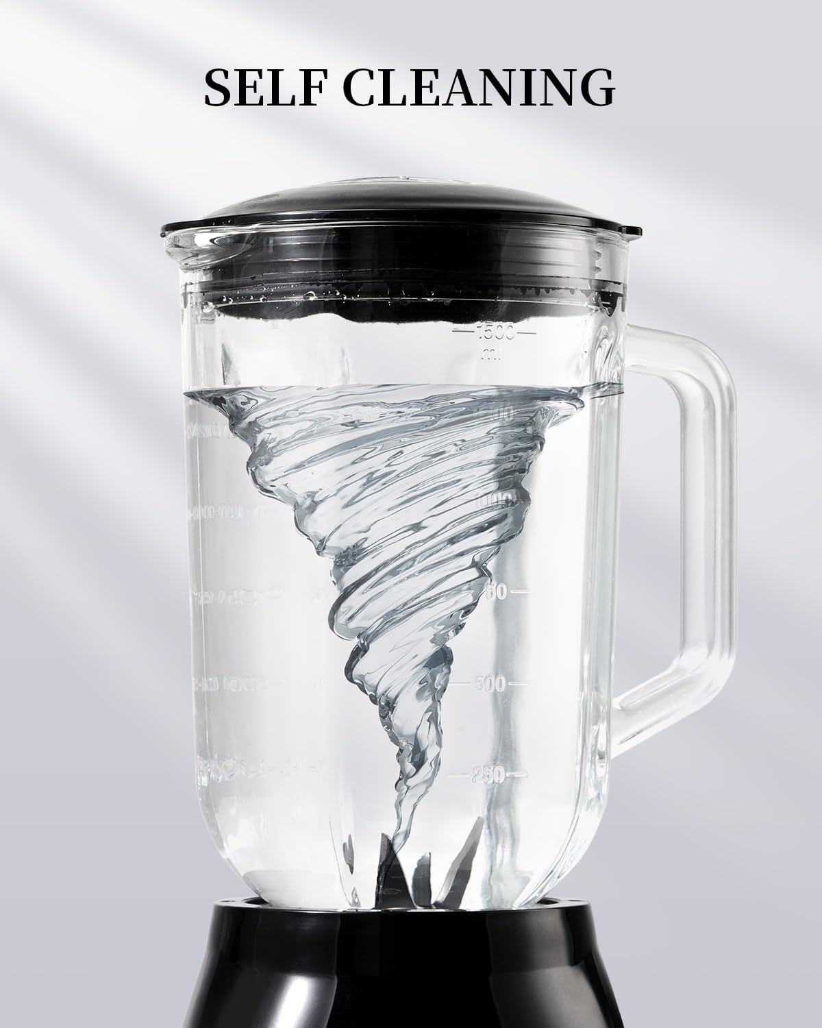 Blender with swirling liquid design on a gray background, labeled 'Self Cleaning'.