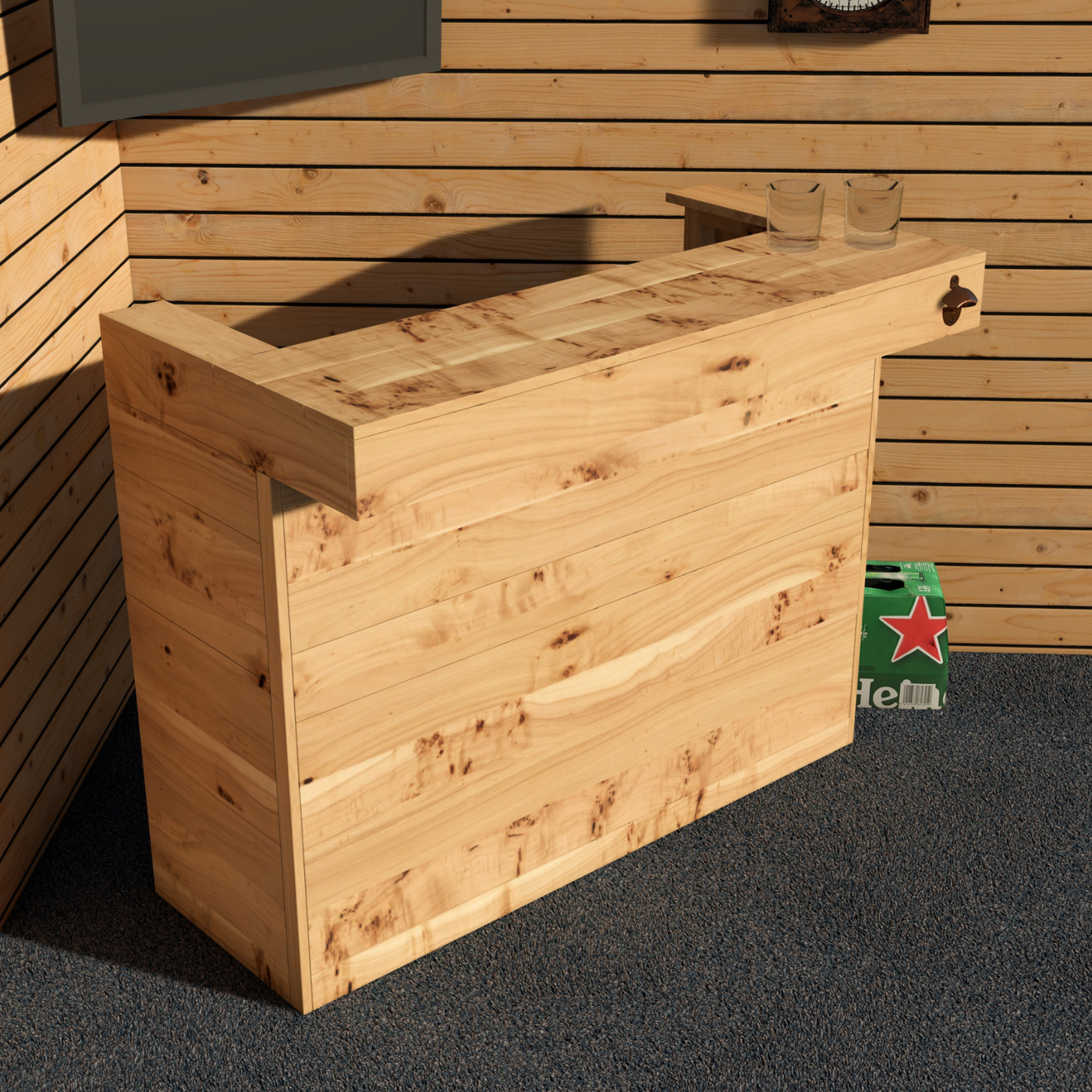 Wooden storage bench against a wooden wall with a Heineken box in the background.
