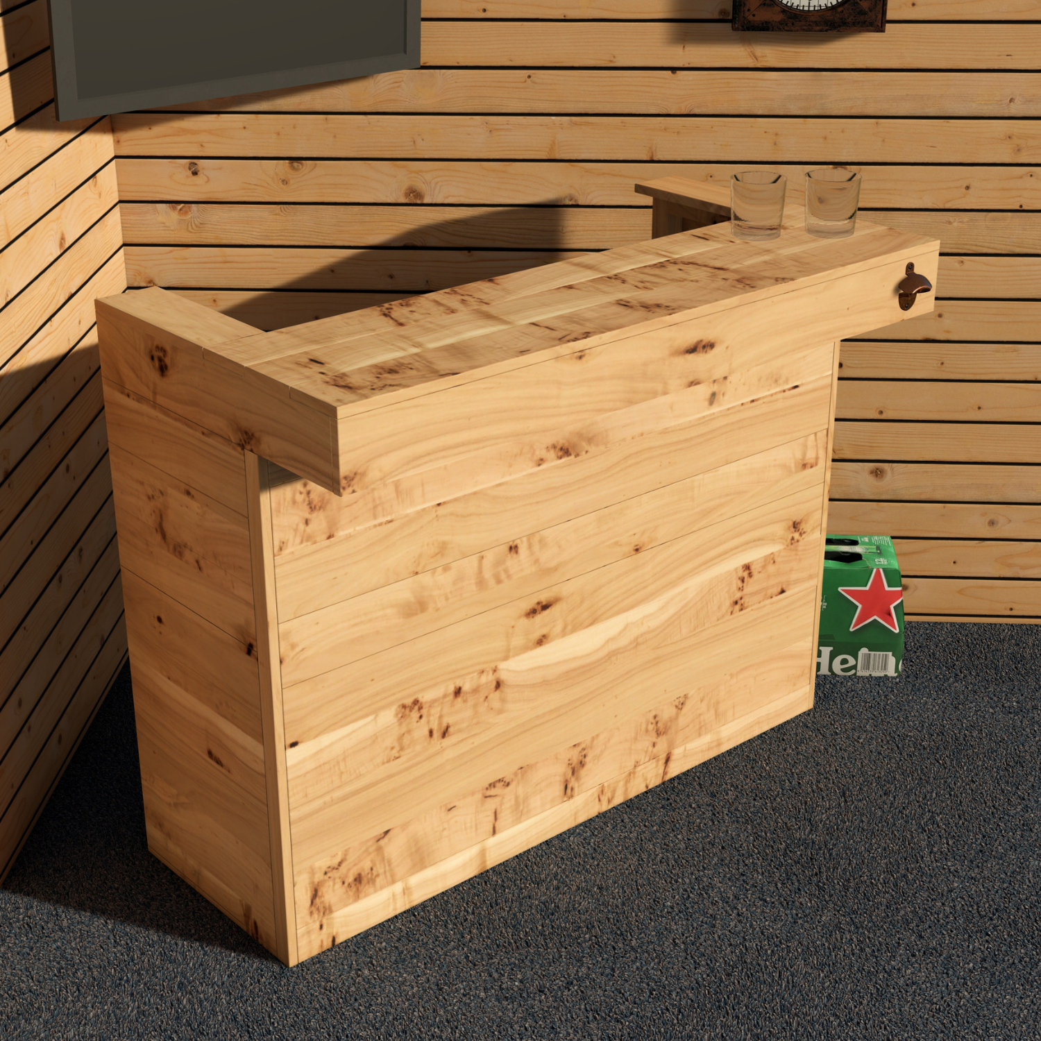 Wooden storage bench against a wooden wall with a Heineken box in the background.