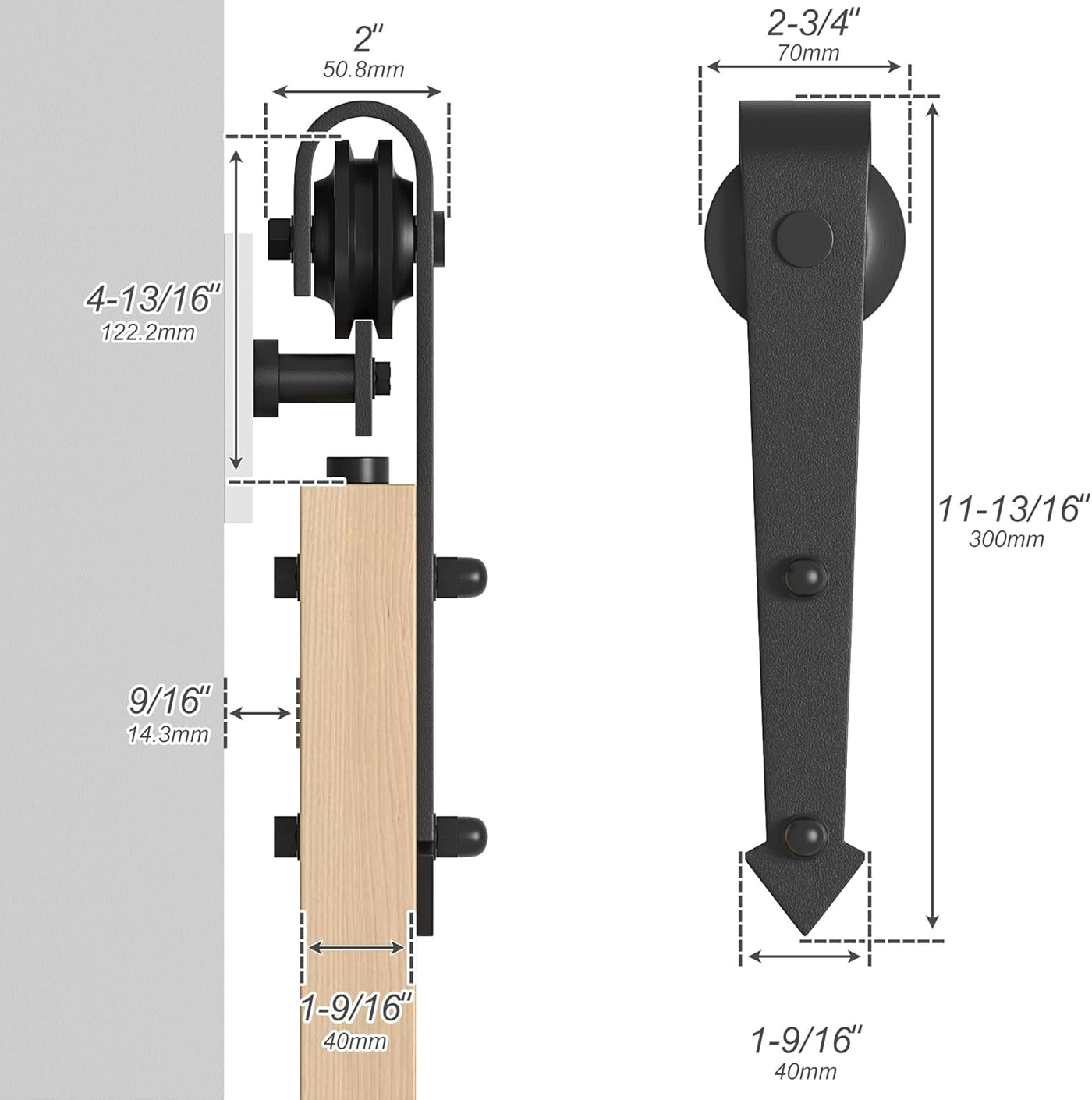 Barn door hardware with measurements on a white background