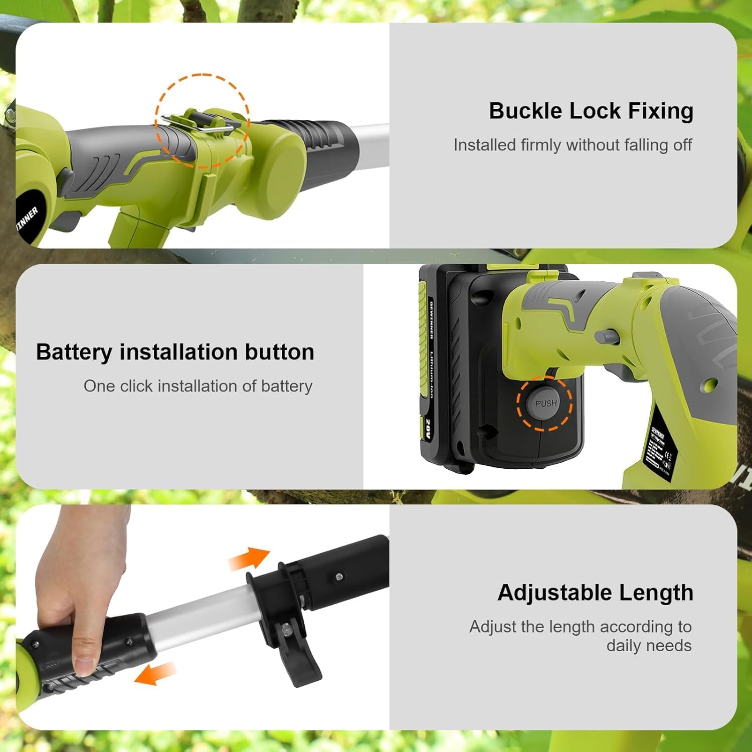 Gardening tool with features highlighted on a green background