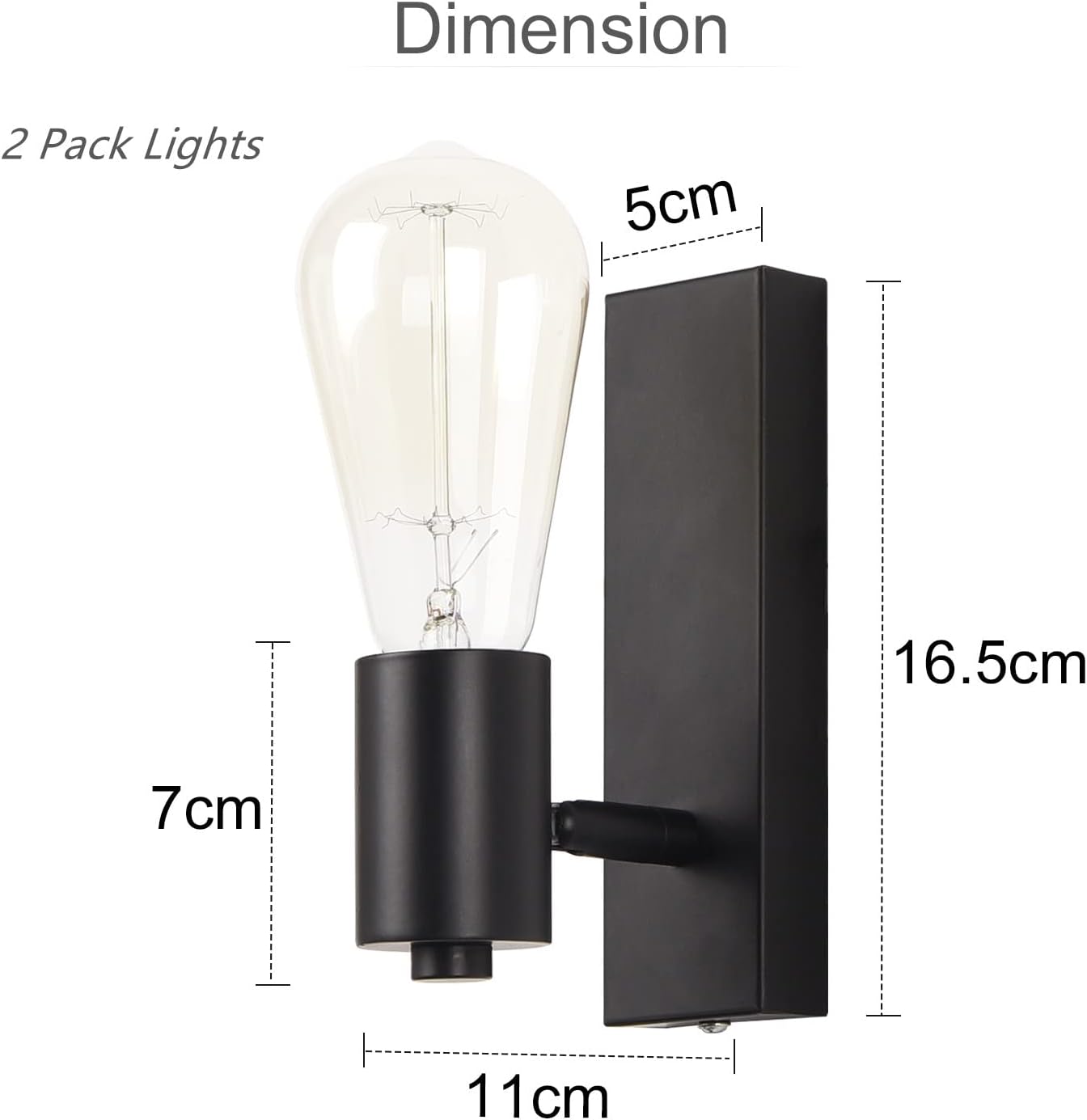 Black wall light fixture with dimensions labeled on a white background