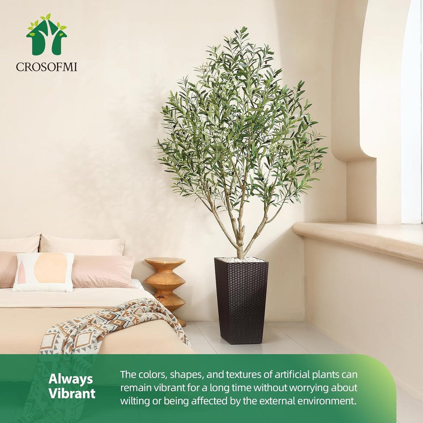 Artificial plant in a pot on a shelf with a couch and decorative items in the background, featuring the Crosofmi brand.