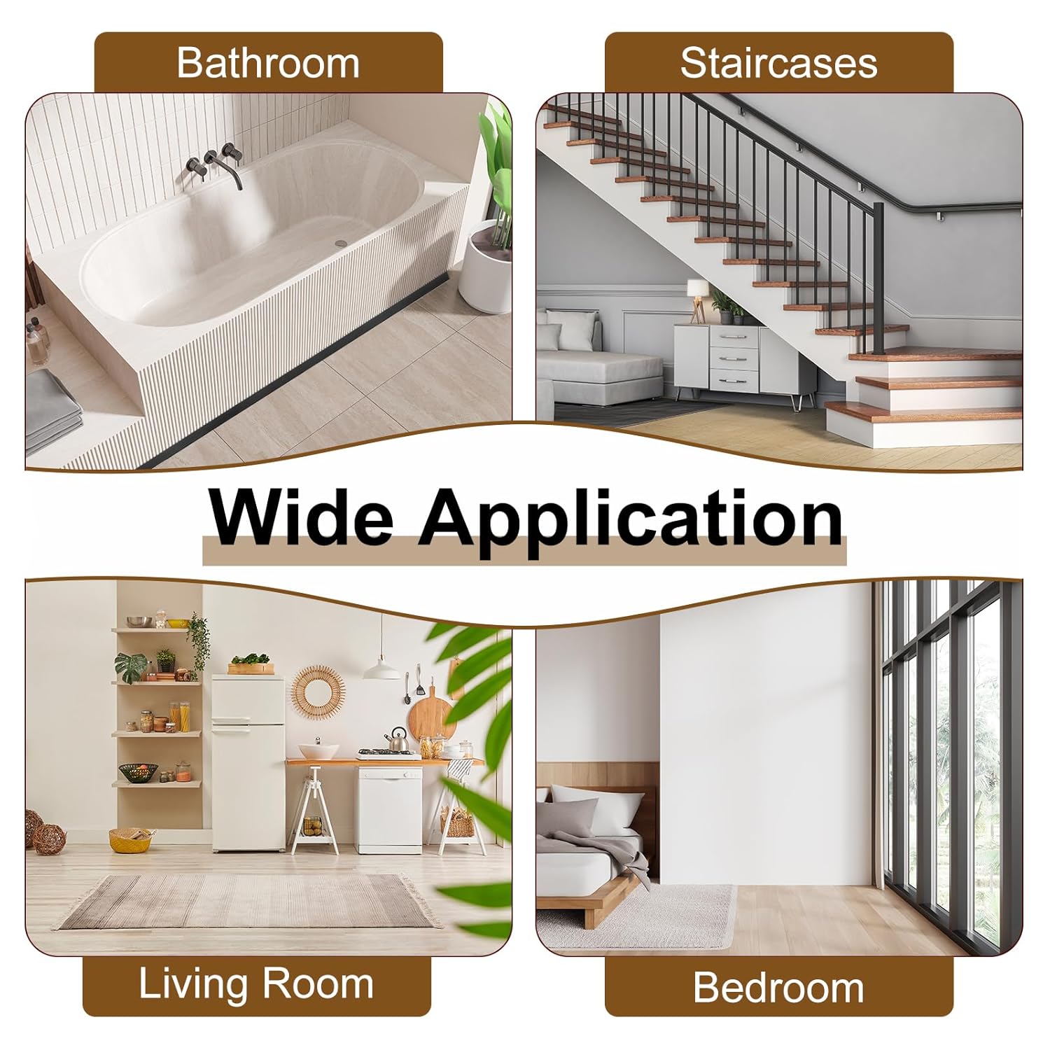 Product application in various rooms including a bathroom, staircases, living room, and bedroom.