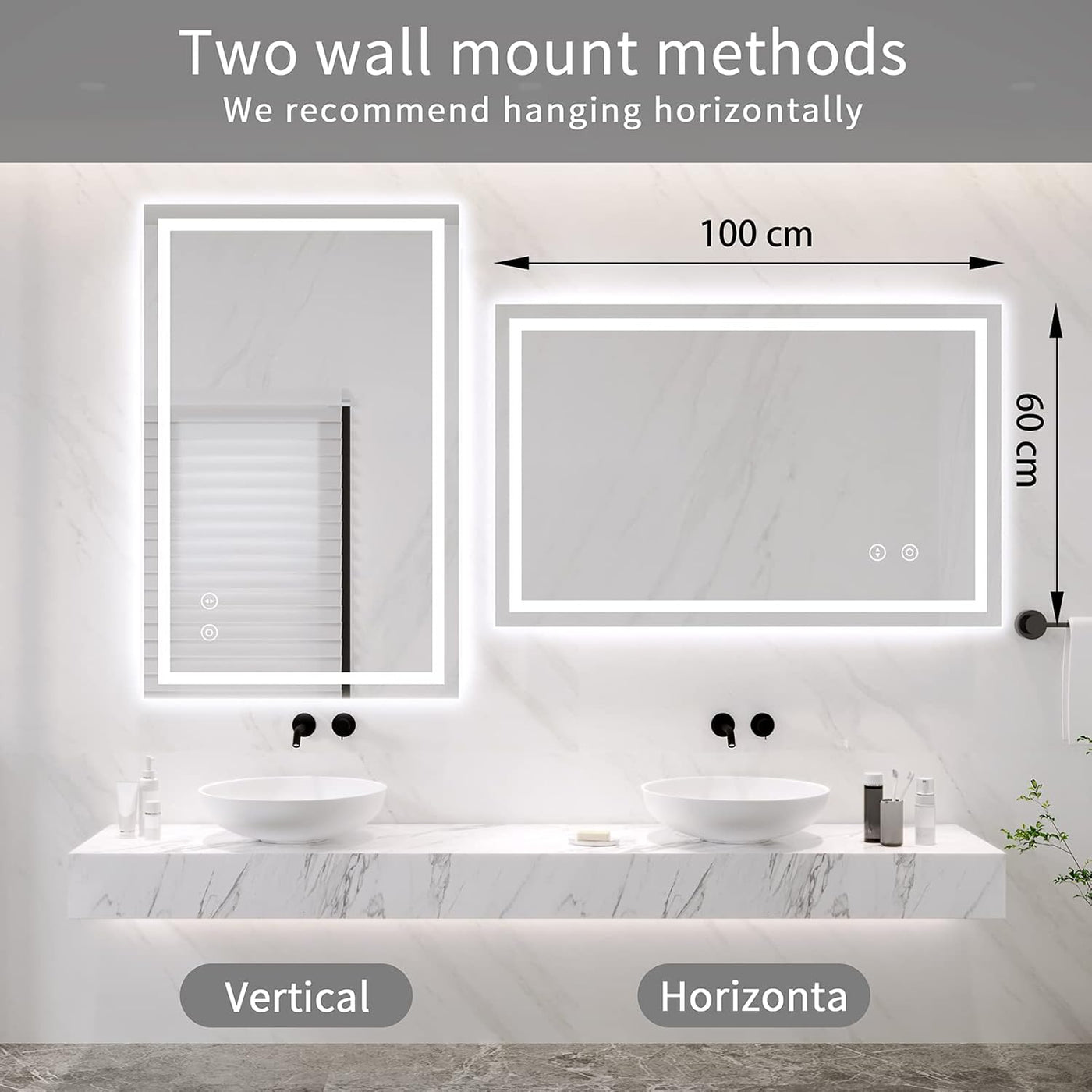 Bathroom vanity setup with two wall mount methods shown, recommending hanging horizontally.