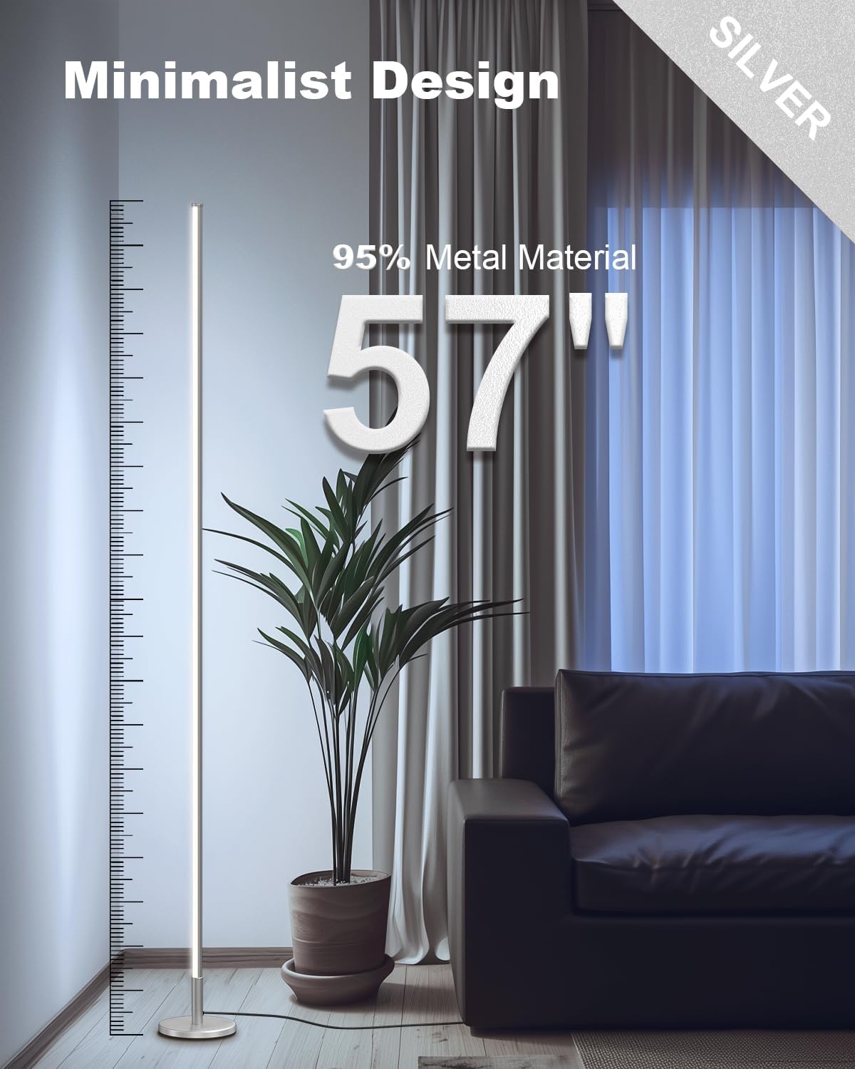 Floor lamp with height measurement in a living room setting, labeled 'Minimalist Design' and '95% Metal Material'.