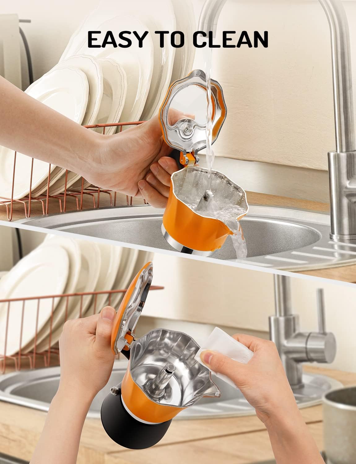 Stovetop Coffee Maker Italian Espresso Moka Pot Transparent Lid Orange TWOMEOW