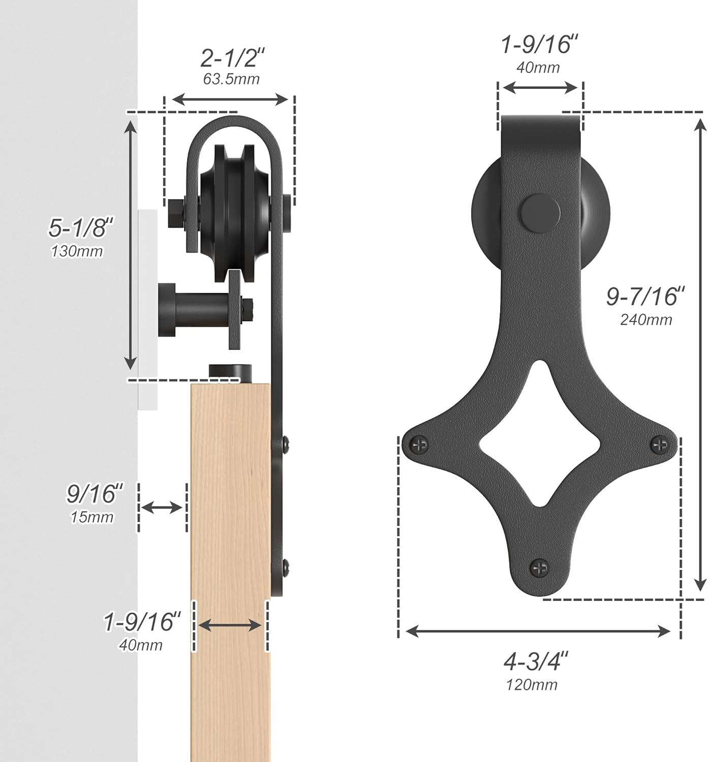 Measurement chart of a sliding door roller system with dimensions labeled.